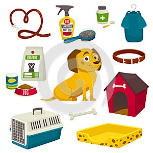 Dog care object set, items and stuff, vector cartoon illustration