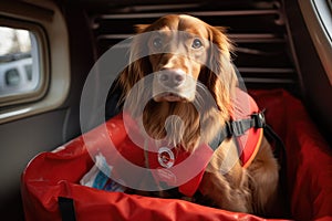 dog carrying basket of first aid supplies and life preserver