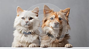 Dog and Cat above white banner looking at camera