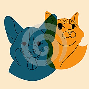 Dog and cat. Avatar, badge, poster, logo templates, print. Vector illustration in a minimalist style with Riso print effect.