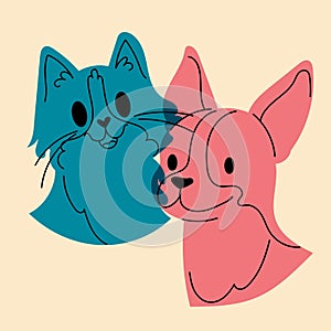 Dog and cat. Avatar, badge, poster, logo templates, print. Vector illustration in a minimalist style with Riso print effect.