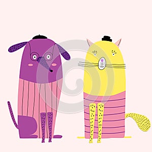 Dog and cat. Avatar, badge, poster, logo templates, print. Vector illustration in a minimalist style with Riso print effect. Flat