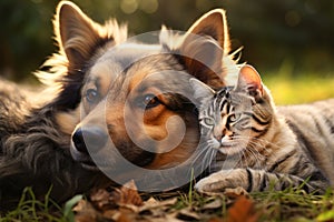Dog and cat, best friends, play together outdoors and lie back together