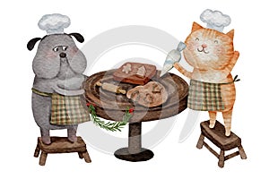 Dog and cat are cooking a gingerbread in kitchen . Watercolor paint cartoon characters . White isolate background . X-mas scene