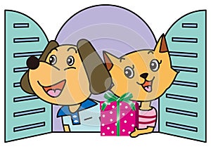 A dog and cat couple are happy to receive a present box by the window
