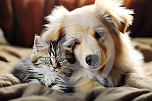 dog and cat cuddly concept, AI generated
