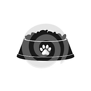 Dog or cat dry food bowl icon. Black pet bowl with dry food crisps. Flat style vector illustration isolated on white