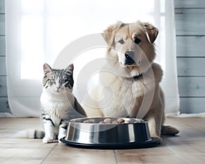 Dog and cat eating food from bowl at home
