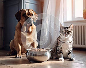 Dog and cat eating food from bowl at home