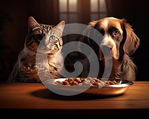 Dog and cat eating food from bowl at home