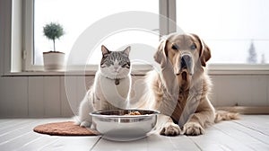 Dog and cat eating food from bowl at home