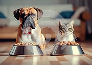 Dog and cat eating food from bowls at home