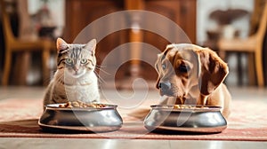 Dog and cat eating food from bowls at home