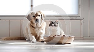 Dog and cat eating food from bowls at home