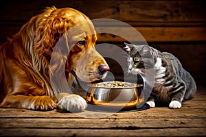 Dog and cat eating food out of bowl on table. Generative AI