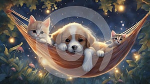 dog and cat enchanting scene of a slumbering puppy and kitten nestled in a hammock, swaying gently