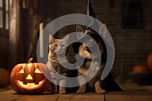 A dog and a cat in fancy costume with jack o\'lantern pumpkin and Halloween decorations, adorable pet in Halloween concept