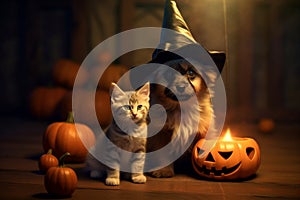 A dog and a cat in fancy costume with jack o\'lantern pumpkin and Halloween decorations, adorable pet in Halloween concept