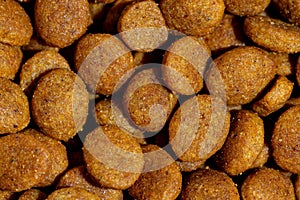 Dog or cat food or kibble shot up close. Top view background