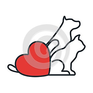 Dog and Cat with Heart Icon. Concept for Healthcare Medicine and Pet Care. Outline and Black Domestic Animal. Pets Symbol, Icon