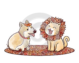 Dog and cat imitating lion with mane made of autumn leaves
