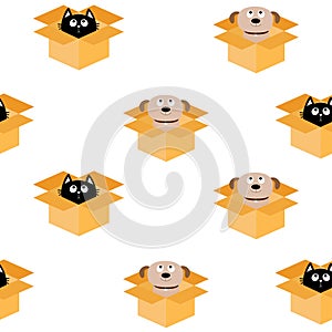 Dog Cat inside opened cardboard package box. Puppy pooch kitten cat looking up. Seamless Pattern Wrapping paper, textile template.