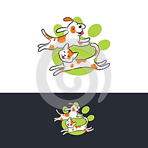 Dog and cat jumping on paw. Playful and young pet logo design on white and black background