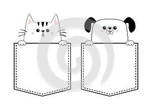 Dog cat kitten puppy set in the pocket holding paw hands. Doodle contour linear sketch. Cute cartoon animals. Dash line. Pet anima