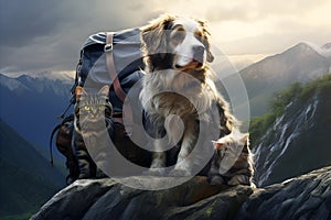 dog, cat and kitten sitting on rock against mountain backdrop next to hiking backpack Traveling with pets or relocating