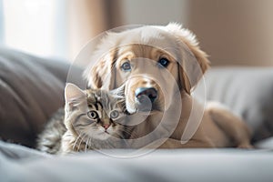 A dog and a cat laying on a couch. AI generative image