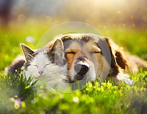 Dog and Cat Laying in the Grass. Generative AI