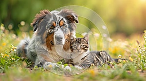 a dog and cat laying in a grassy field next to each other