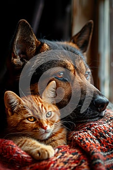 the dog and cat are laying next to each other together