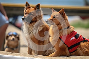 dog and cat lifeguards keeping a watchful eye on the beachgoers, ready to jump into action