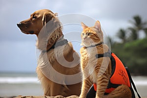dog and cat lifeguards keeping a watchful eye over beachgoers, ready to help in any emergency