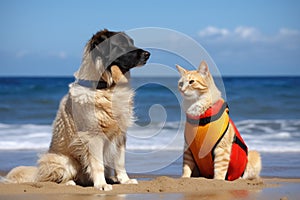 dog and cat lifeguards protecting their flock from the dangers of the deep blue sea