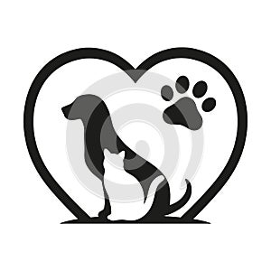 Dog and cat love animal symbol paw print with heart on a white background