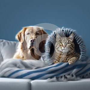 Dog and cat are lying together on couch, with one of them underneath blanket. The dog is positioned near left side of