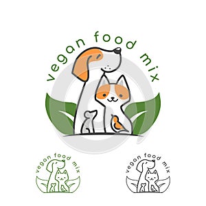 Dog and cat, mouse and bird, leaves vegan food for pets logo. vector