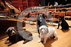 dog and cat musicians rehearsing for grand symphony concert at prestigious venue