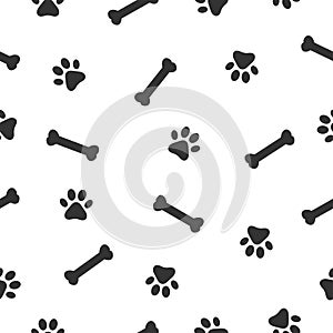 Dog or cat paw and bone seamless pattern. Animals paw print