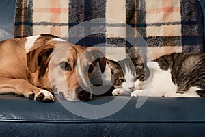 A dog and cat peacefully coexist on a blue couch, exuding warmth and contentment