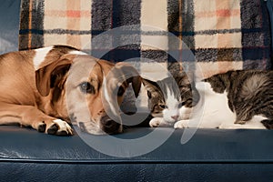 A dog and cat peacefully coexist on a blue couch, exuding warmth and contentment photo