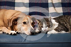 A dog and cat peacefully coexist on a blue couch, exuding warmth and contentment photo