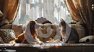 A dog and a cat peacefully sit on the couch with tableware and food nearby