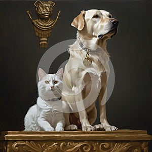 a dog and cat perched above a white banner.