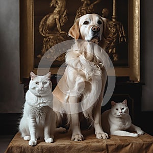 a dog and cat perched above a white banner.