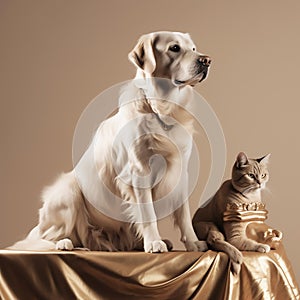 a dog and cat perched above a white banner.