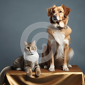 a dog and cat perched above a white banner.