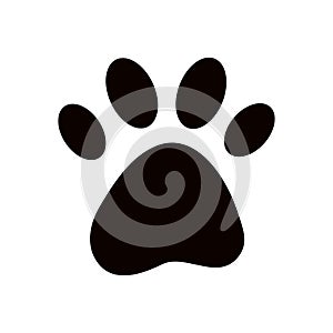Dog or cat pet paw flat logo icon silhouette. Simple black vector illustration isolated on white background. Kitten or puppy leg
